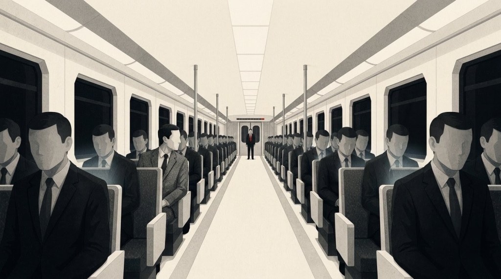 Wide companion plate for Compulsion: inside an immaculate commuter train, synchronized passengers sit motionless while one man turns toward a distant standing figure in a red tie.