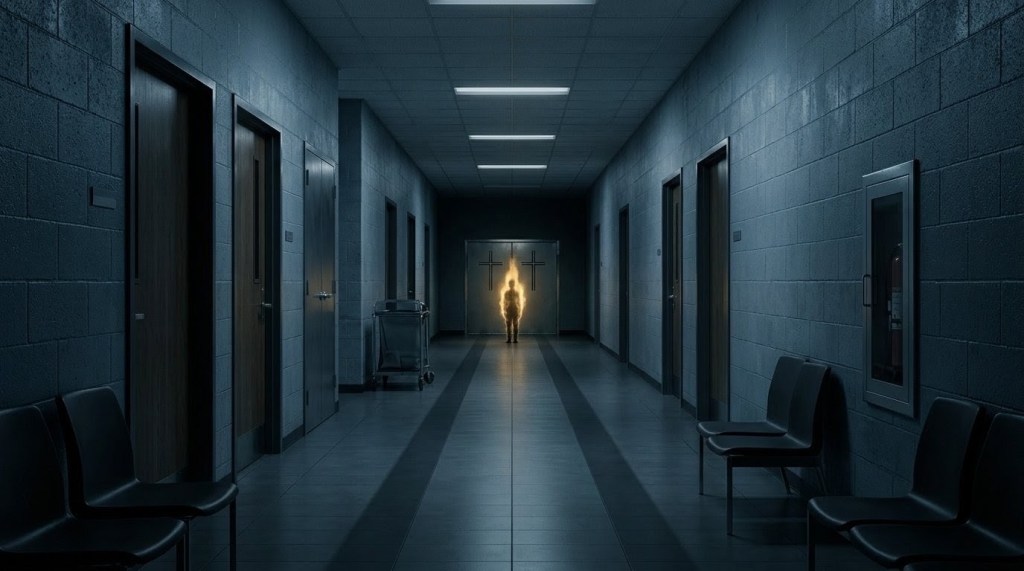 Wide companion plate for On Fire: a long institutional corridor at night where a solitary figure stands engulfed in silent upright flame that ignites nothing around it.