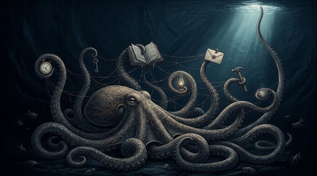Wide companion plate for Bathys: an immense kraken beneath dark water, its tentacles holding ordinary objects from a life while one limb rises toward a narrow opening of light at the surface.