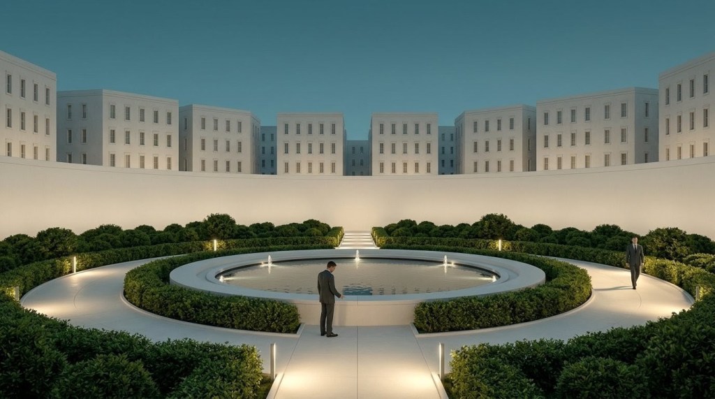 Companion plate for The Walled Garden: an immaculate enclosed garden ringed by identical white buildings, where one man studies the architecture while an attendant approaches.