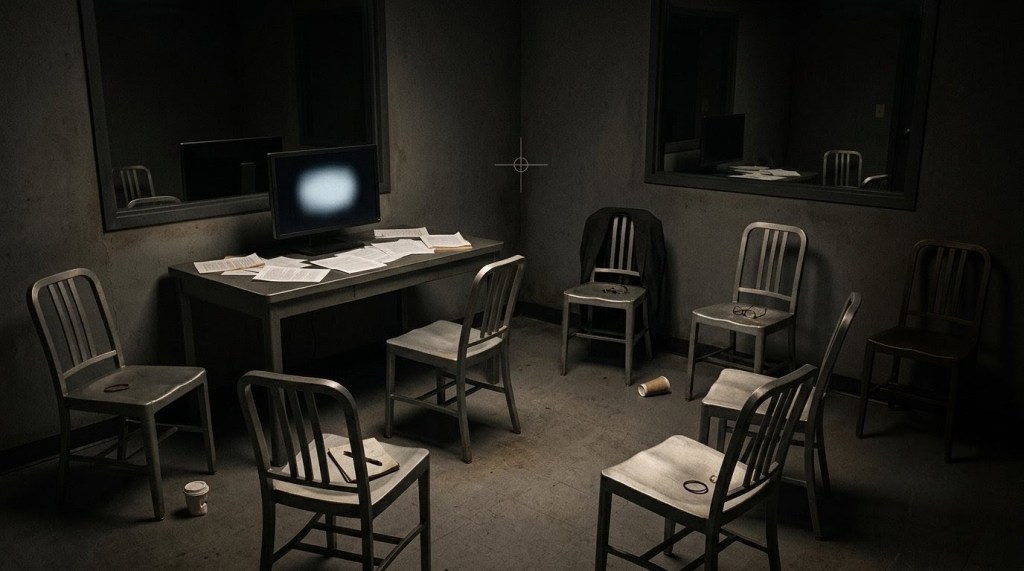 Wide companion plate for Sunday: a dim investigation room with seven empty chairs; six show traces of recent occupation while the seventh sits in deeper shadow before a pale, unreadable monitor.
