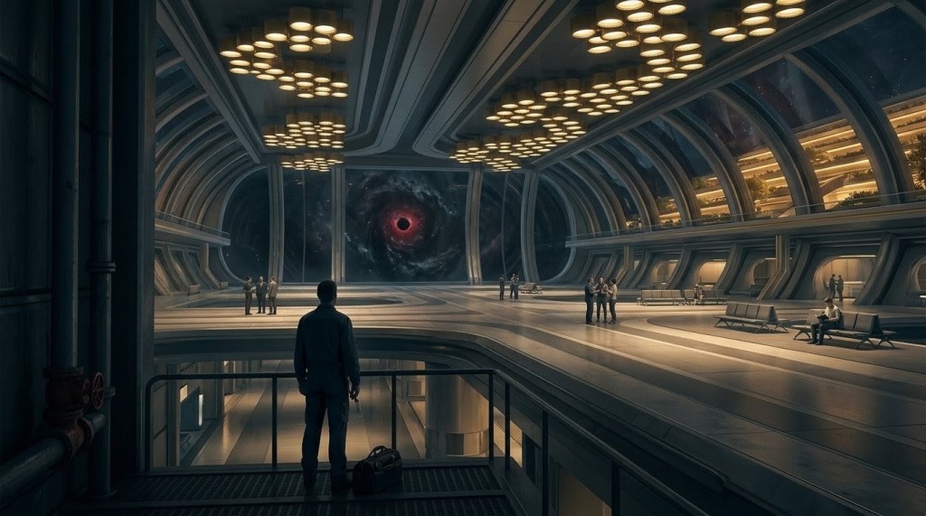 Wide companion plate for Paradise: the interior of a vast orbital station where a maintenance corridor opens onto a public concourse, and one technician stands still among people continuing their routines.