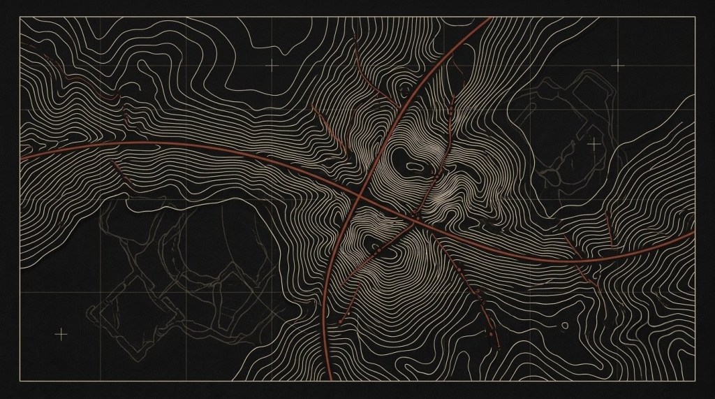 Companion plate for The Geography of Conflict: dense ivory topographic contours cross a black field beneath red fault lines.
