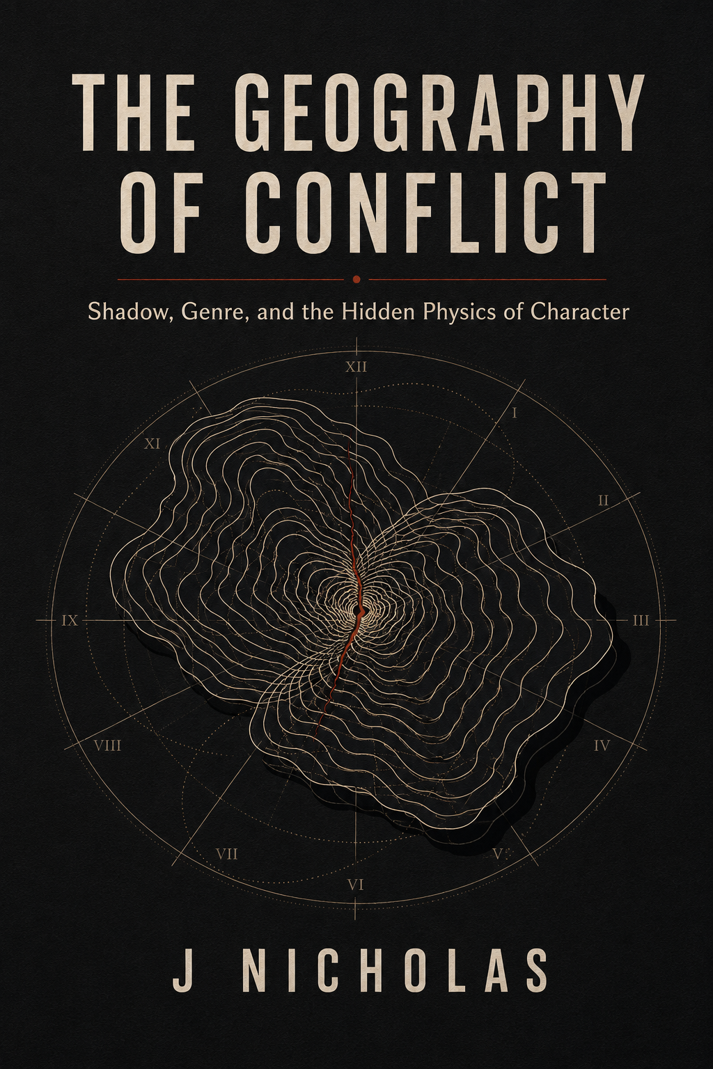 Cover of The Geography of Conflict by J Nicholas, with contour lines divided by a red fault inside a twelve-part circular map.