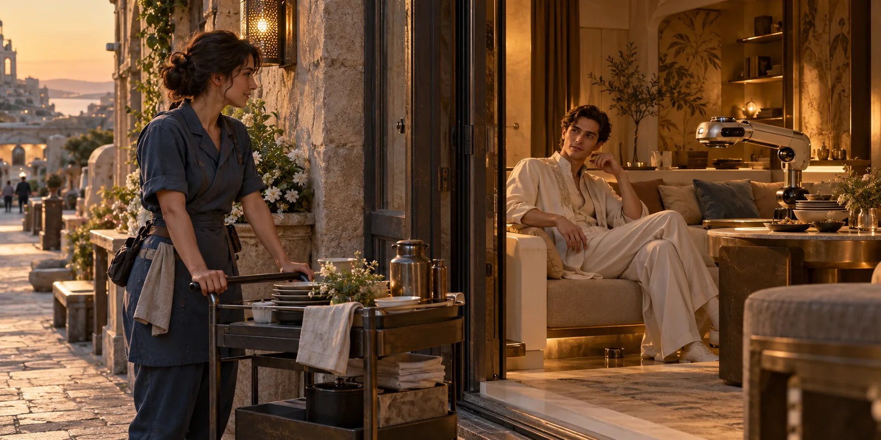 A hospitality worker with a service cart stands outside an open doorway, looking in at a young visitor resting in a luxurious room while a machine clears his meal.