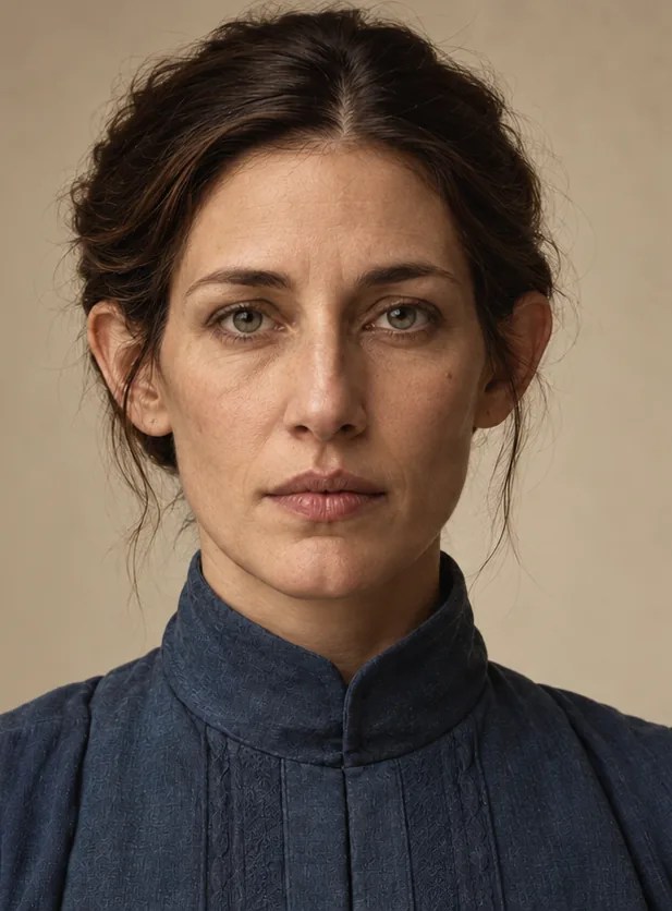 The same face in her late thirties, hair pinned, in a high-collared dark blue garment.