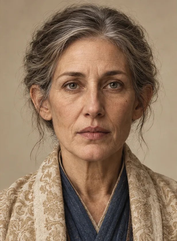 The same face in her early sixties, hair graying, wrapped in a patterned shawl.
