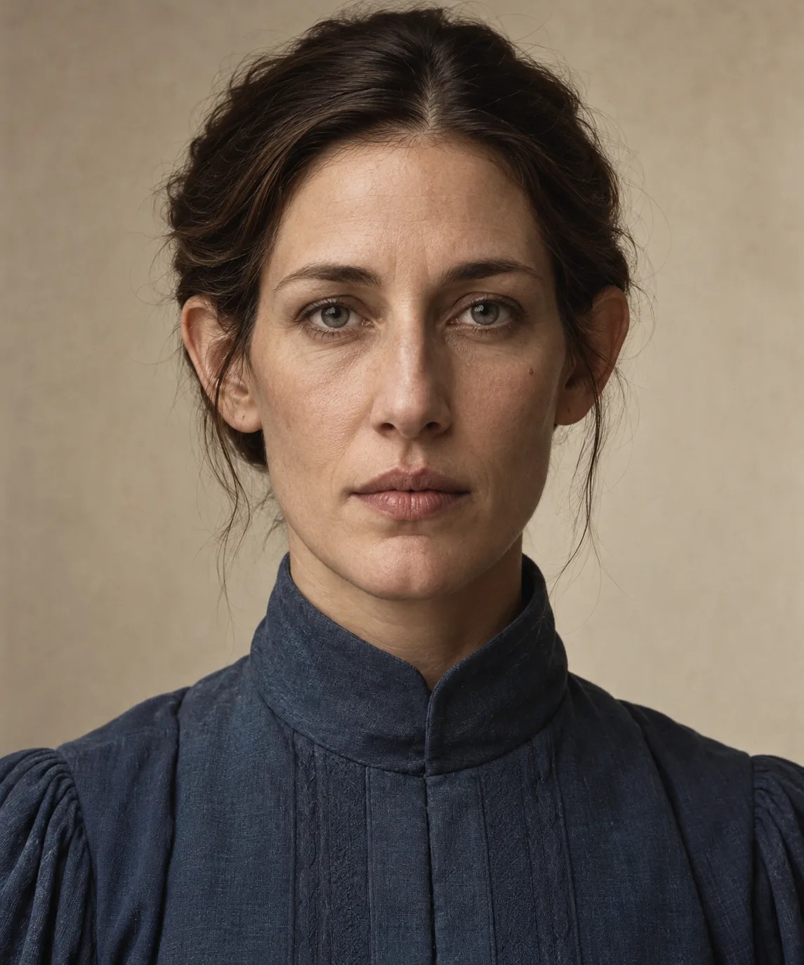 Formal portrait of a woman in her late thirties with dark pinned hair and a high-collared blue garment.