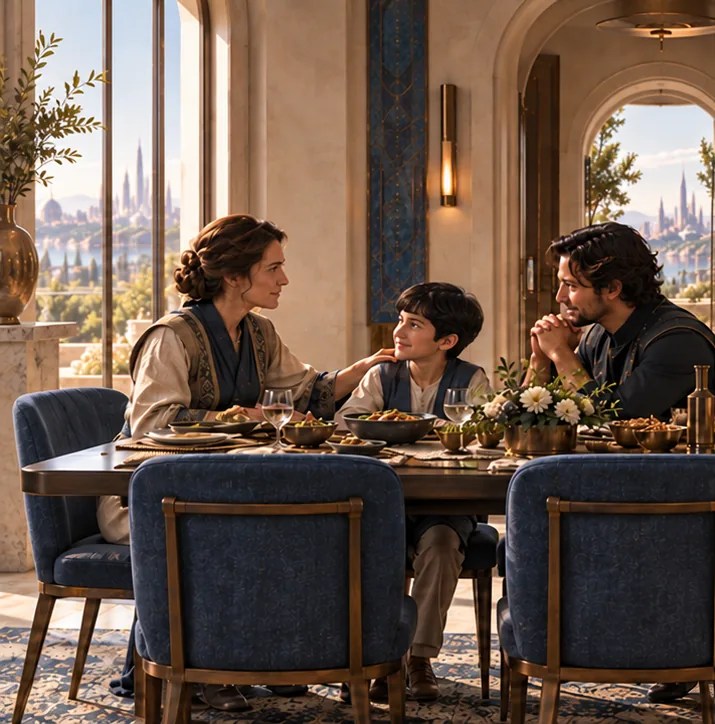 A family meal: a mother rests her hand on her son's shoulder across from her husband.