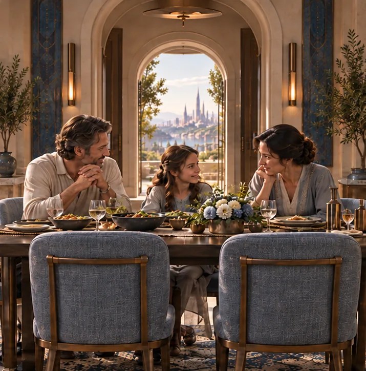 The same dining room with a different family; a young girl sits between two adults.