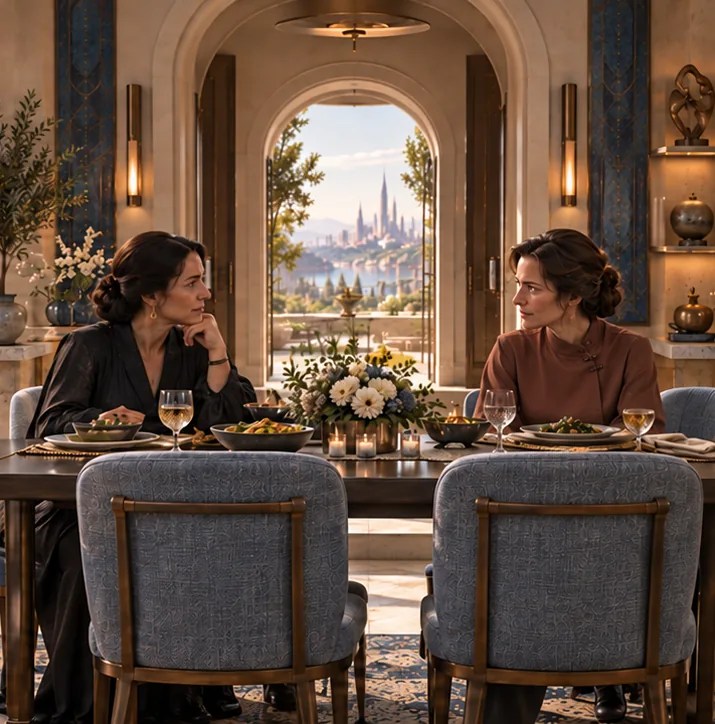 The same room again; two women sit across the table, one a returning guest.