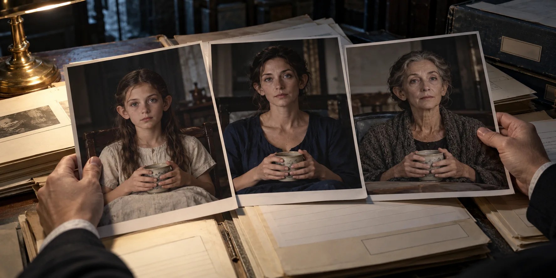Hands hold three photographs of the same woman at different ages, each holding a cup the same way, over open archival folders.