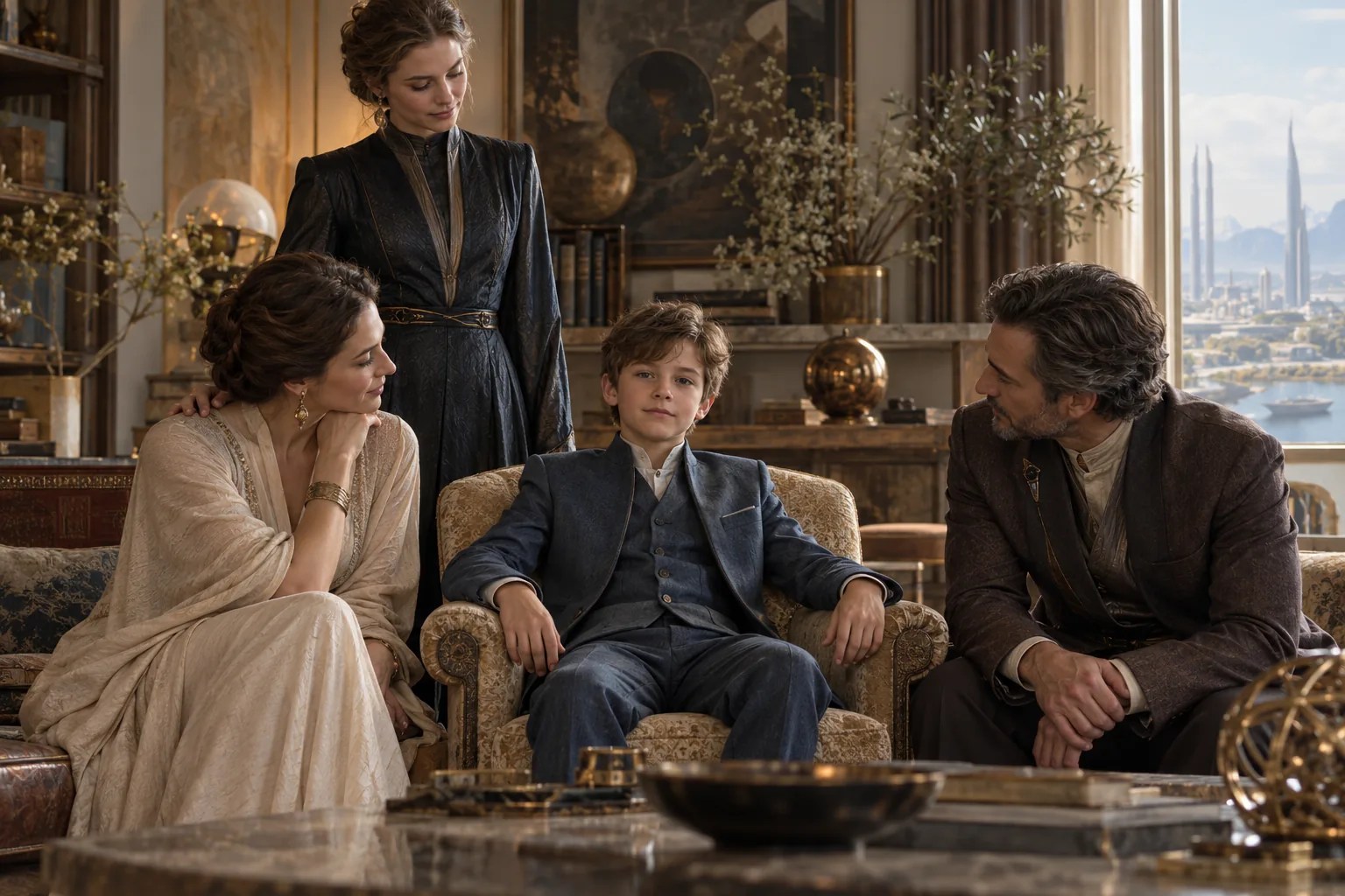 A formal family portrait: a composed boy sits in the center chair while the three adults around him watch him rather than the camera.