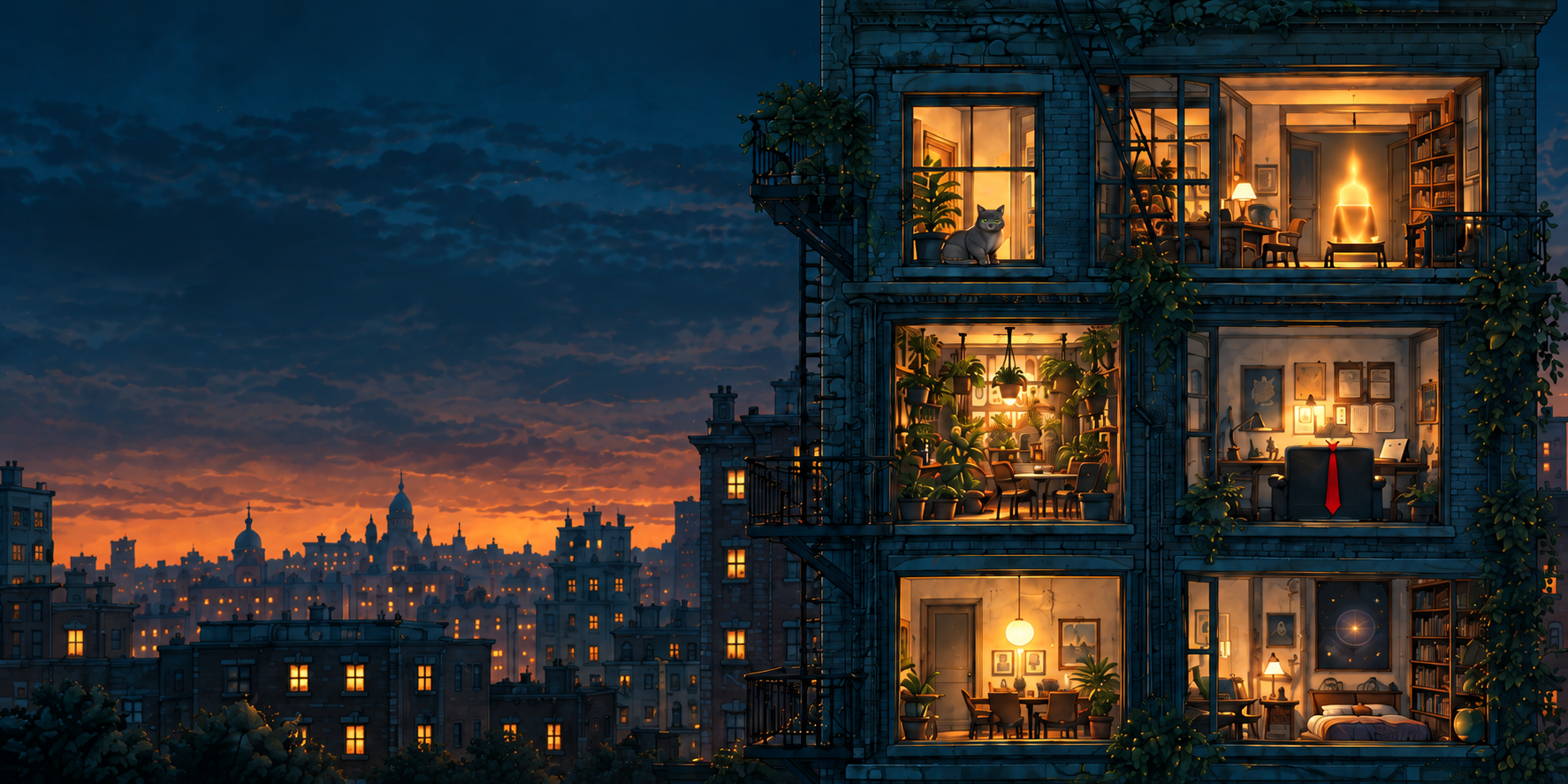 An apartment building at dusk, with illuminated rooms containing a cat, a glowing figure, plants and an empty chair.